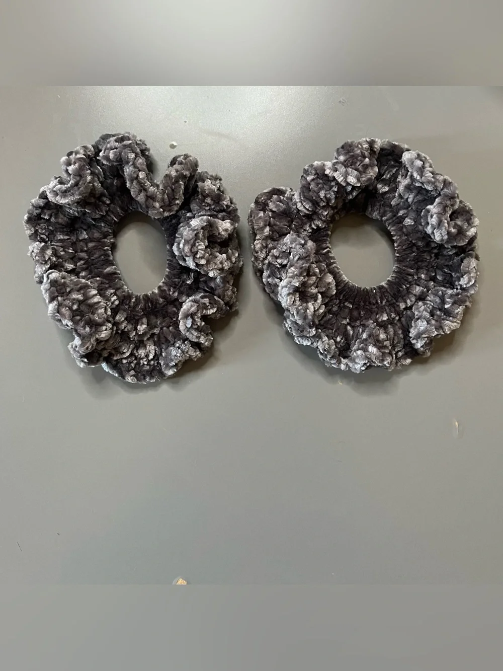 Set of 2 Gray Velvet Crochet Scrunchies Handmade NWT Chenille Hair Ties